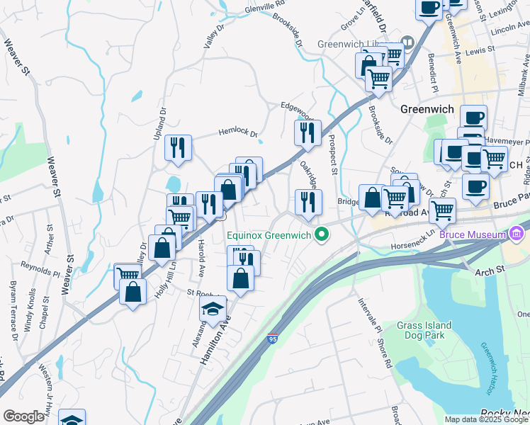 map of restaurants, bars, coffee shops, grocery stores, and more near 70 Ritch Avenue in Greenwich