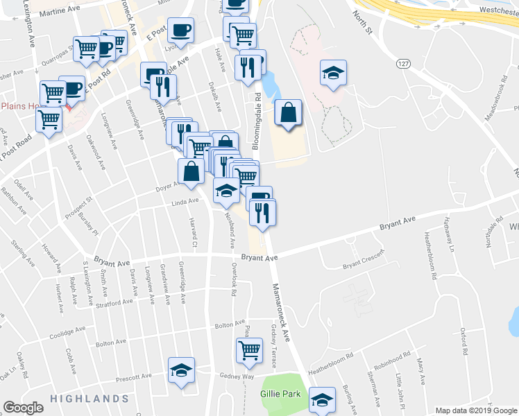 map of restaurants, bars, coffee shops, grocery stores, and more near 550 Mamaroneck Ave in White Plains
