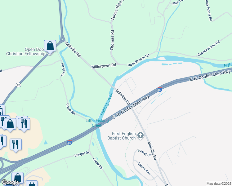 map of restaurants, bars, coffee shops, grocery stores, and more near 1027 Millville Road in Bloomsburg