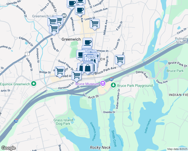 map of restaurants, bars, coffee shops, grocery stores, and more near 849 Greenwich Avenue in Greenwich