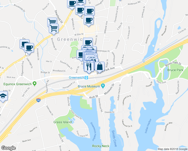 map of restaurants, bars, coffee shops, grocery stores, and more near 849 Greenwich Avenue in Greenwich