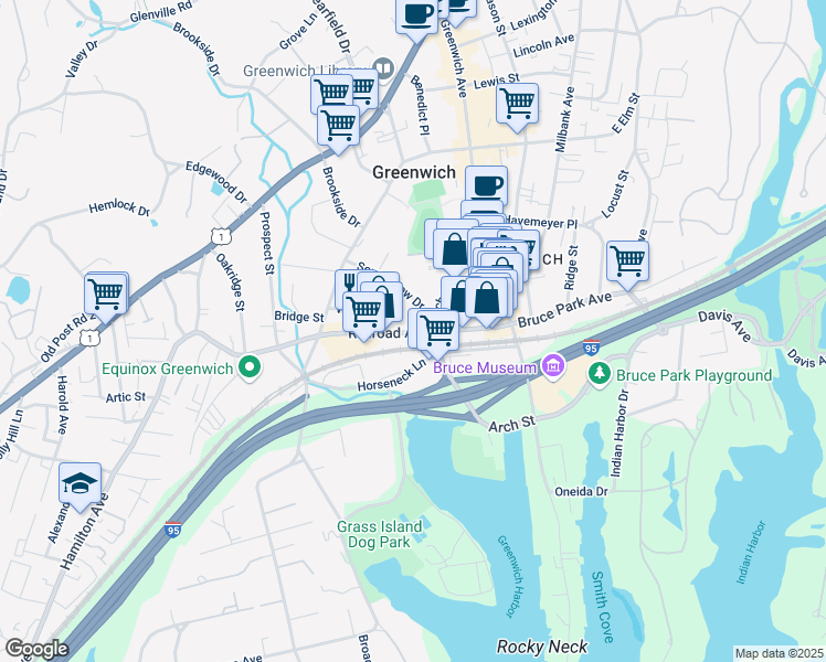 map of restaurants, bars, coffee shops, grocery stores, and more near 2 Sound View Drive in Greenwich