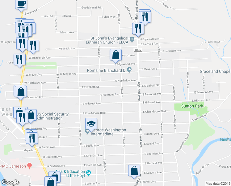map of restaurants, bars, coffee shops, grocery stores, and more near 227 East Fairmont Avenue in New Castle