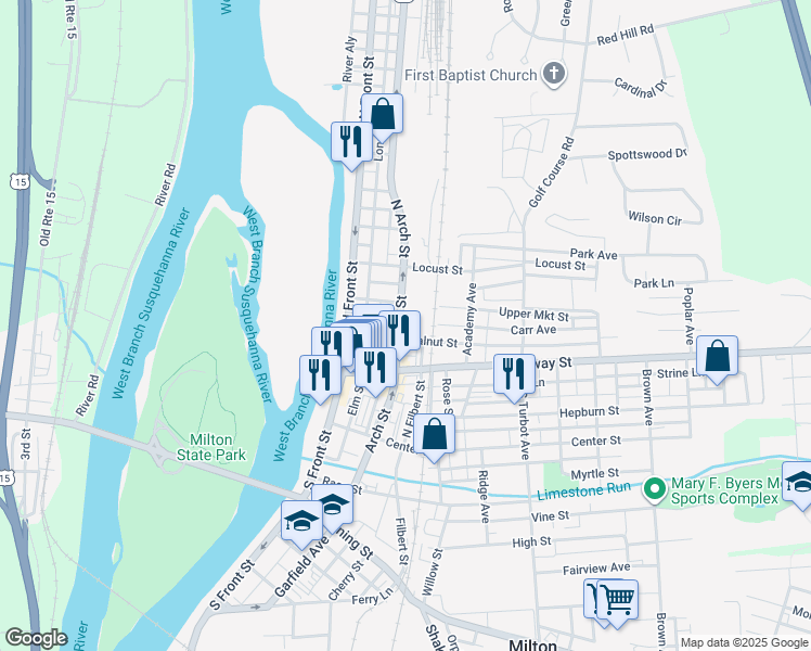 map of restaurants, bars, coffee shops, grocery stores, and more near 139 North Arch Street in Milton