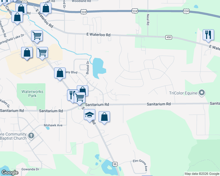 map of restaurants, bars, coffee shops, grocery stores, and more near 1048 Bennington Court in Akron