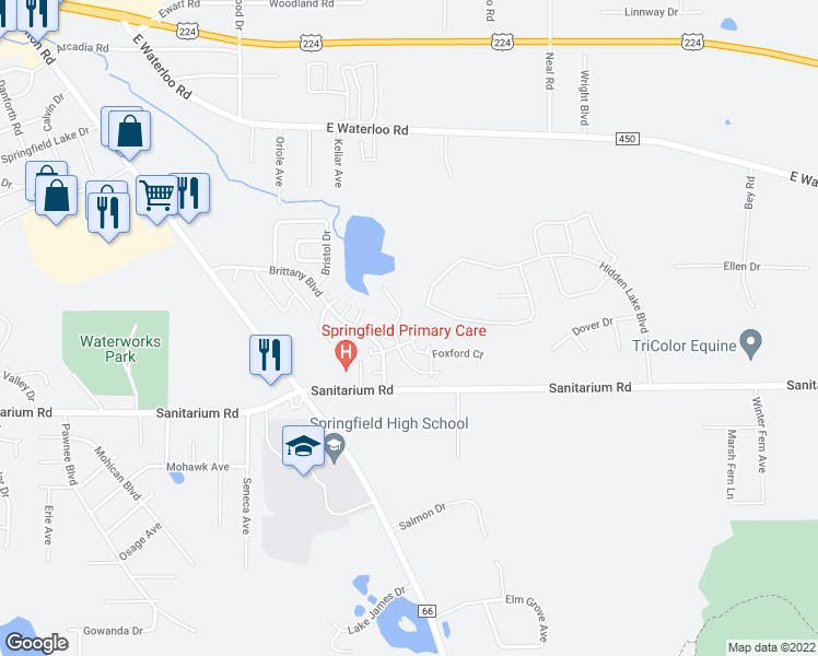 map of restaurants, bars, coffee shops, grocery stores, and more near 1048 Bennington Court in Akron