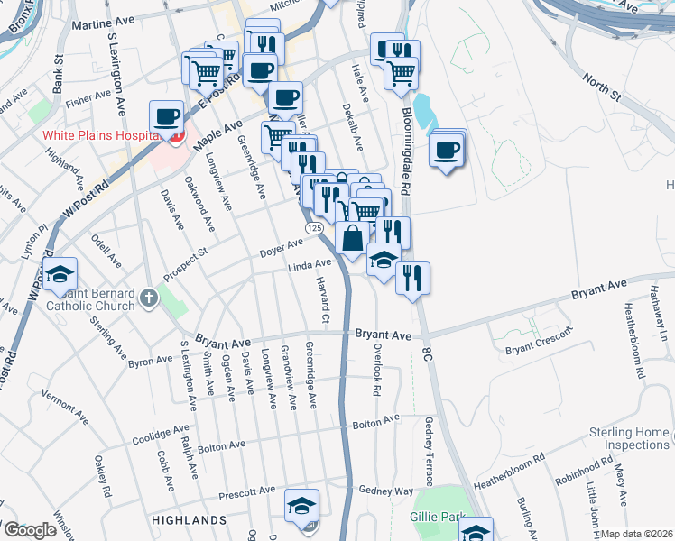 map of restaurants, bars, coffee shops, grocery stores, and more near 22A Old Mamaroneck Road in White Plains