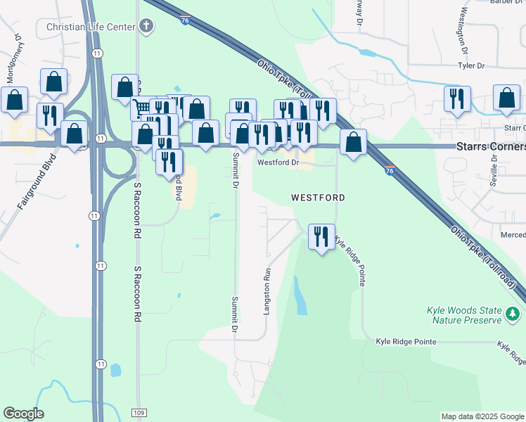 map of restaurants, bars, coffee shops, grocery stores, and more near 4300 Westford Place in Canfield