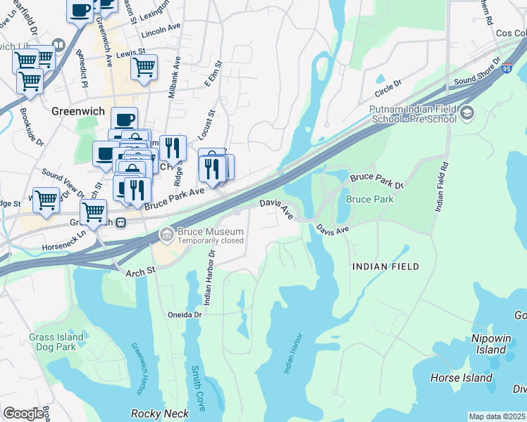 map of restaurants, bars, coffee shops, grocery stores, and more near 368 Davis Avenue in Greenwich