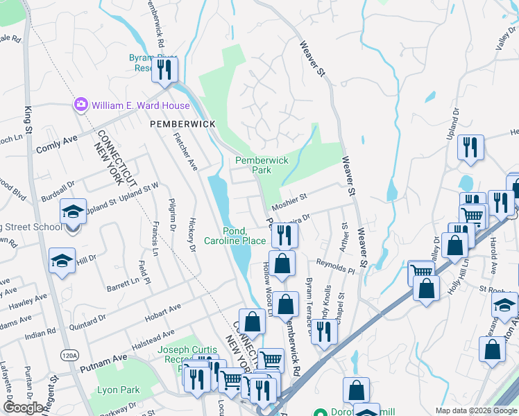 map of restaurants, bars, coffee shops, grocery stores, and more near 114 Pemberwick Road in Greenwich