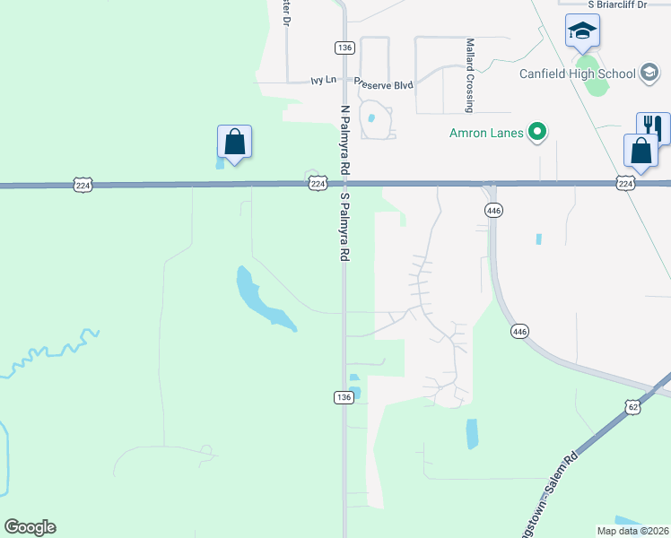 map of restaurants, bars, coffee shops, grocery stores, and more near 6701 South Palmyra Road in Canfield