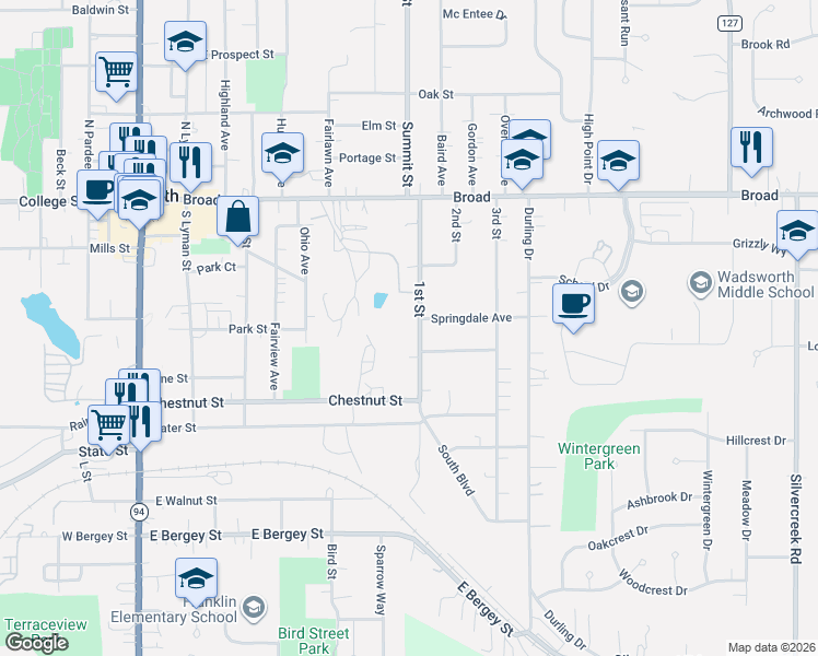 map of restaurants, bars, coffee shops, grocery stores, and more near 211 1st Street in Wadsworth
