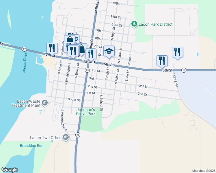 map of restaurants, bars, coffee shops, grocery stores, and more near 307 South High Street in Lacon