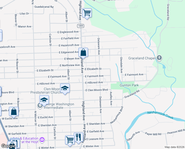 map of restaurants, bars, coffee shops, grocery stores, and more near 412 East Elizabeth Street in New Castle