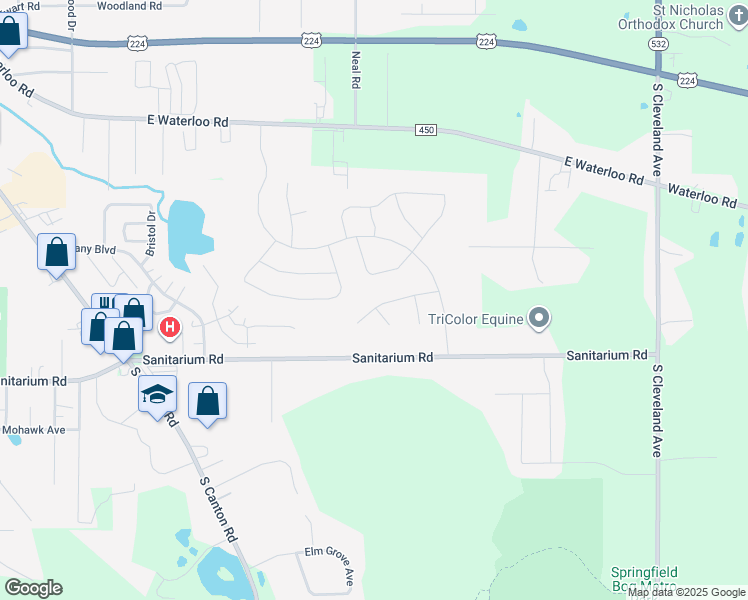 map of restaurants, bars, coffee shops, grocery stores, and more near 3079 Dover Drive in Akron