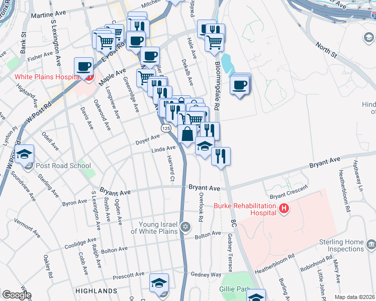 map of restaurants, bars, coffee shops, grocery stores, and more near 23 Old Mamaroneck Road in White Plains