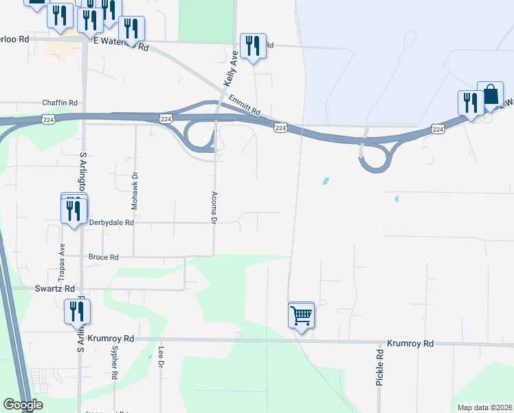map of restaurants, bars, coffee shops, grocery stores, and more near 1321 Derbydale Road in Akron