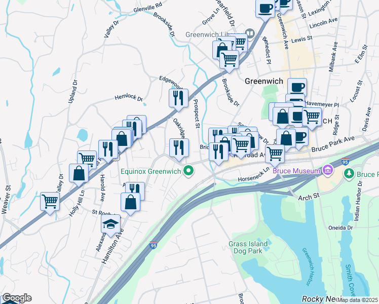 map of restaurants, bars, coffee shops, grocery stores, and more near 64 Oakridge Street in Greenwich