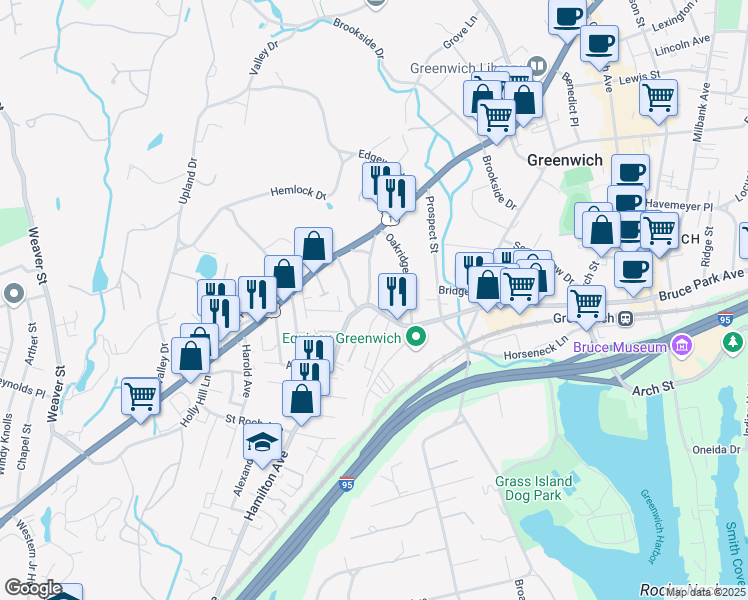 map of restaurants, bars, coffee shops, grocery stores, and more near 49 Edgewood Avenue in Greenwich
