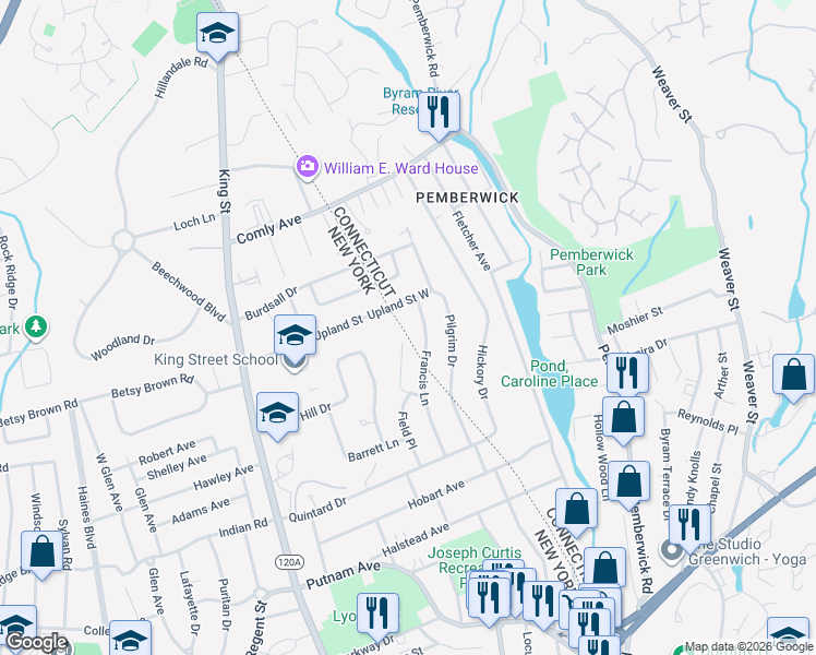 map of restaurants, bars, coffee shops, grocery stores, and more near 45 Francis Lane in Port Chester
