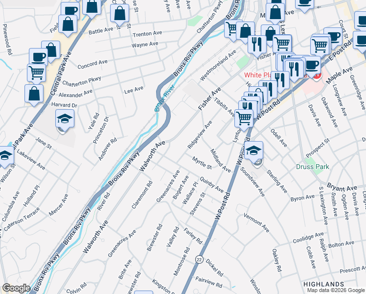 map of restaurants, bars, coffee shops, grocery stores, and more near 28 Ridgeview Avenue in White Plains