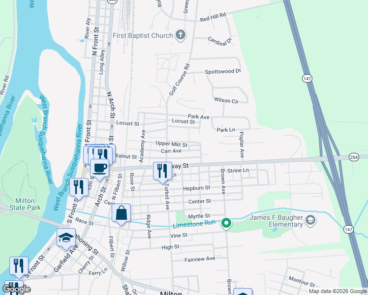 map of restaurants, bars, coffee shops, grocery stores, and more near 341-399 Upper Market Street in Milton