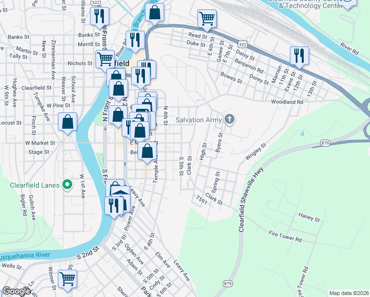 map of restaurants, bars, coffee shops, grocery stores, and more near 453-499 E Market St in Clearfield