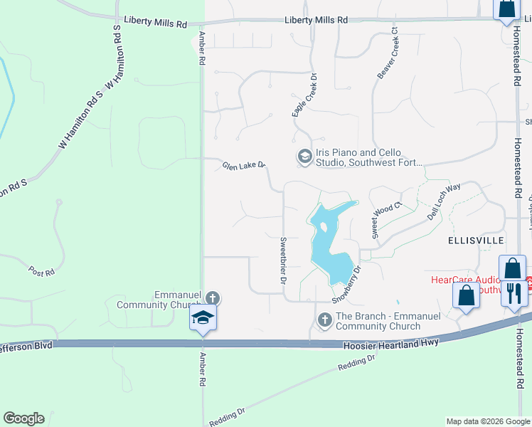 map of restaurants, bars, coffee shops, grocery stores, and more near 12012 Wood Glen Drive in Fort Wayne