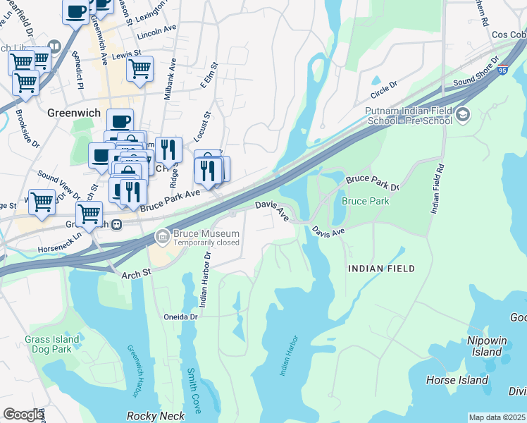 map of restaurants, bars, coffee shops, grocery stores, and more near 368 Davis Avenue in Greenwich