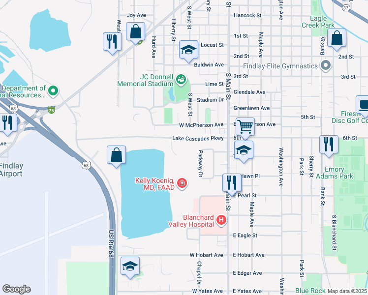 map of restaurants, bars, coffee shops, grocery stores, and more near 401 Lake Cascades Parkway in Findlay