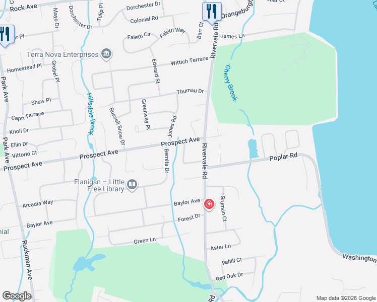 map of restaurants, bars, coffee shops, grocery stores, and more near 589 Prospect Avenue in River Vale