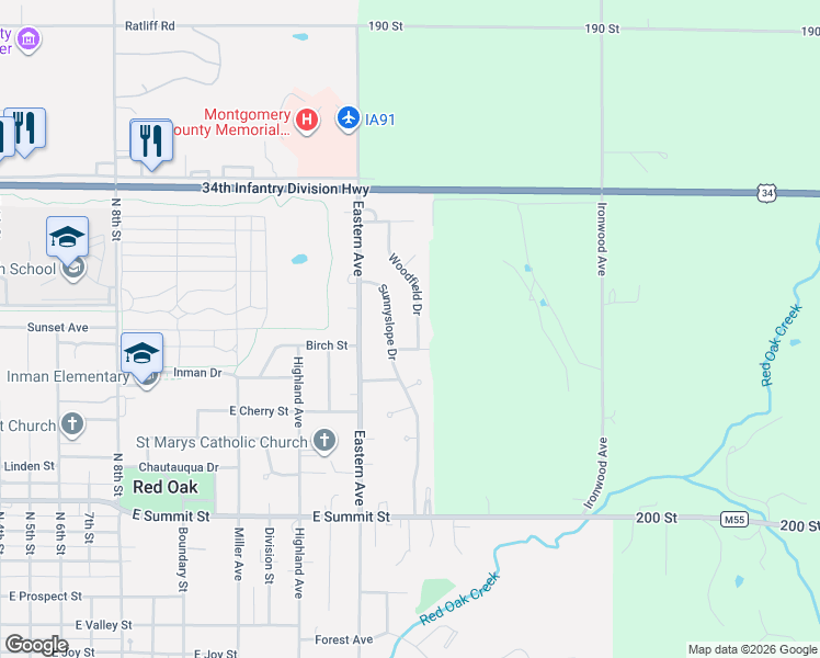 map of restaurants, bars, coffee shops, grocery stores, and more near 2000 Sunnyslope Drive in Red Oak