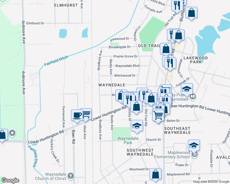 map of restaurants, bars, coffee shops, grocery stores, and more near in Fort Wayne