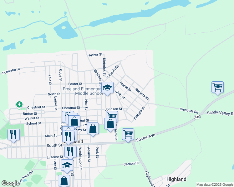 map of restaurants, bars, coffee shops, grocery stores, and more near 323 Alvin Street in Freeland