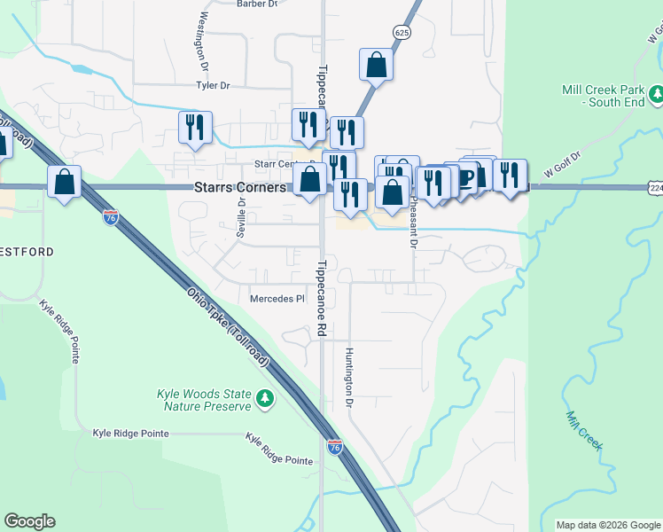 map of restaurants, bars, coffee shops, grocery stores, and more near 6729 Tippecanoe Road in Canfield