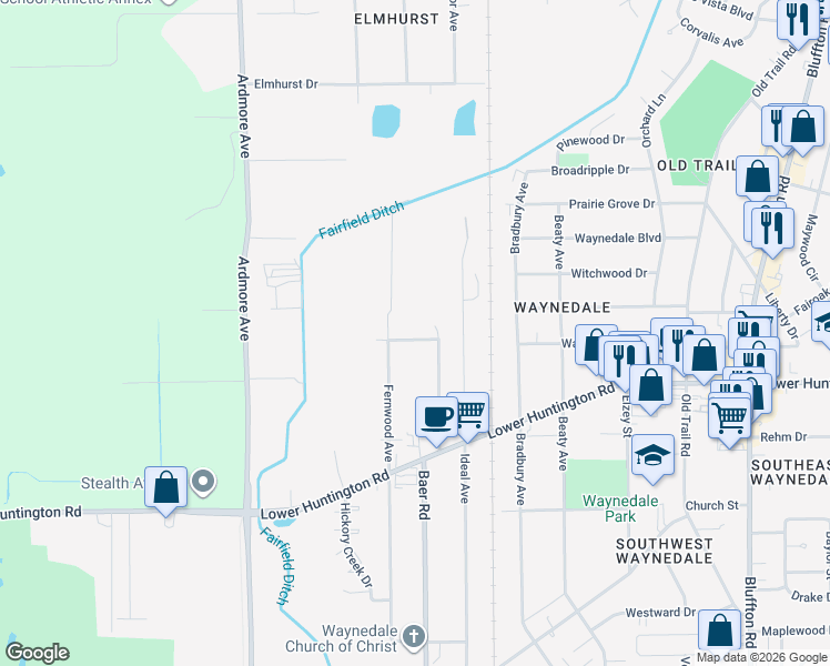 map of restaurants, bars, coffee shops, grocery stores, and more near 3416 Dalevue Drive in Fort Wayne