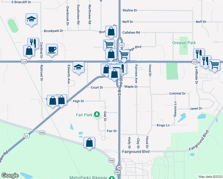map of restaurants, bars, coffee shops, grocery stores, and more near 17 Court Street in Canfield