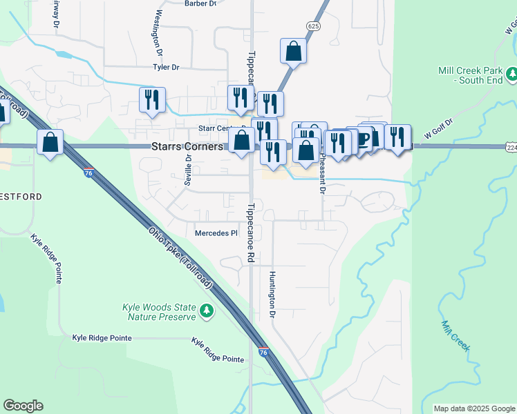 map of restaurants, bars, coffee shops, grocery stores, and more near 6729 Tippecanoe Road in Canfield