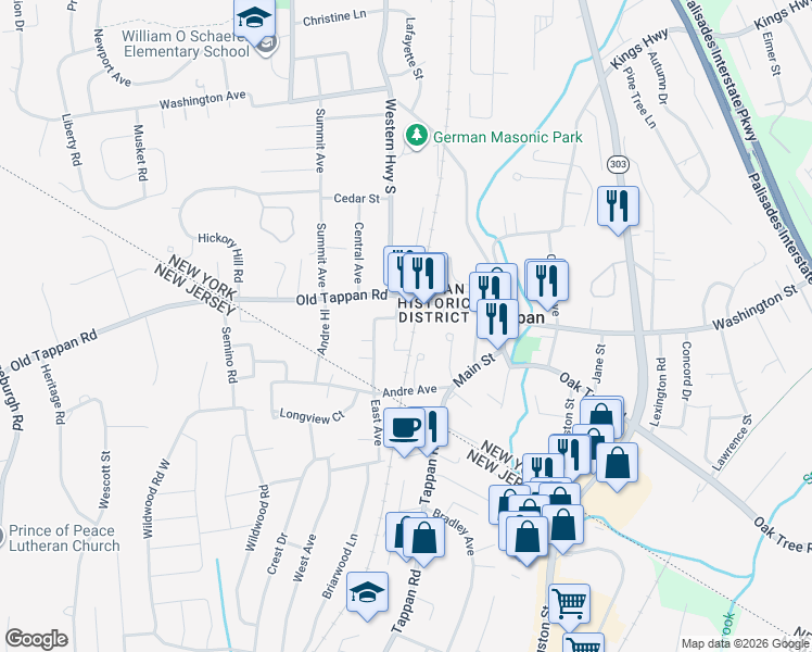 map of restaurants, bars, coffee shops, grocery stores, and more near 19 Stephens Lane in Tappan