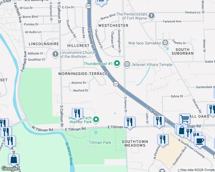 map of restaurants, bars, coffee shops, grocery stores, and more near 533 Edgeknoll Lane in Fort Wayne