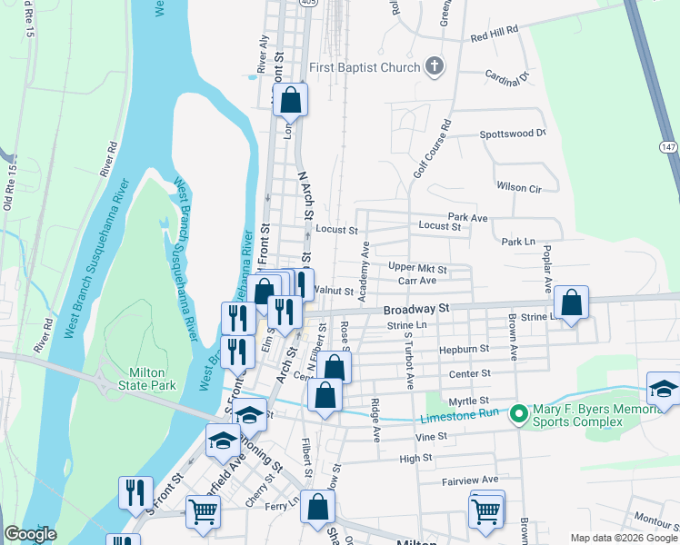 map of restaurants, bars, coffee shops, grocery stores, and more near 100-198 Upper Market Street in Milton