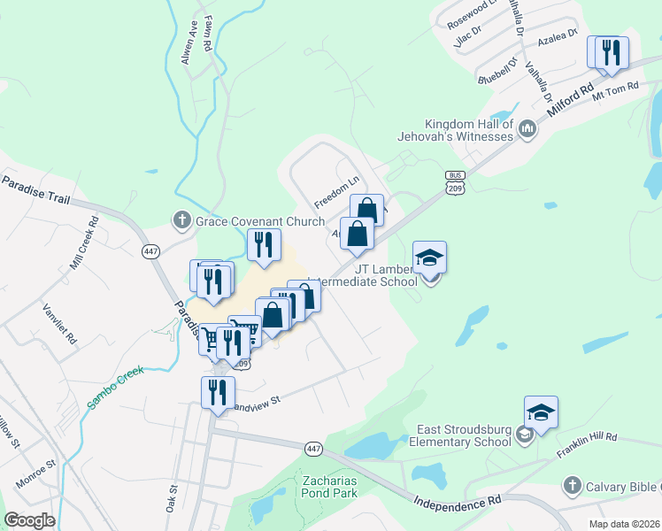 map of restaurants, bars, coffee shops, grocery stores, and more near 771 Milford Road in East Stroudsburg