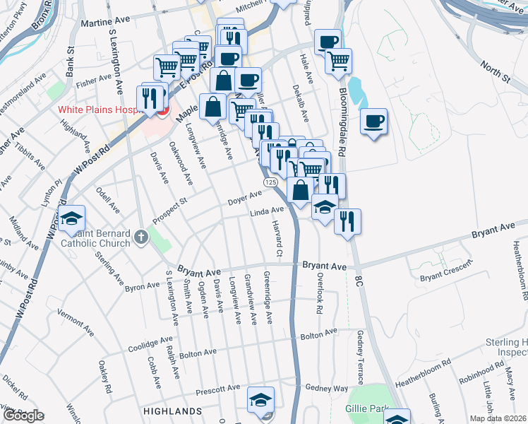 map of restaurants, bars, coffee shops, grocery stores, and more near 70 Linda Ave in White Plains