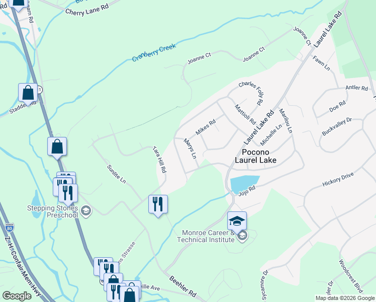 map of restaurants, bars, coffee shops, grocery stores, and more near 710 Marys Lane in Monroe County
