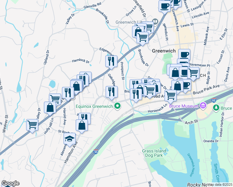map of restaurants, bars, coffee shops, grocery stores, and more near 64 Oakridge Street in Greenwich