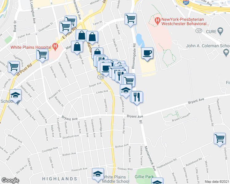 map of restaurants, bars, coffee shops, grocery stores, and more near 31 Old Mamaroneck Road in White Plains