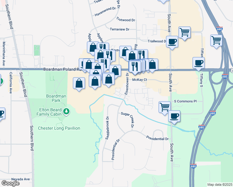 map of restaurants, bars, coffee shops, grocery stores, and more near 7368 Eisenhower Drive in Youngstown