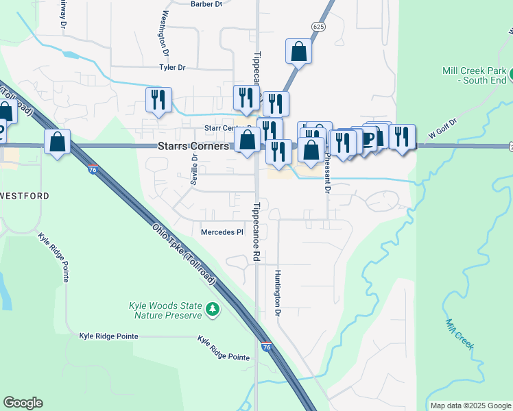 map of restaurants, bars, coffee shops, grocery stores, and more near 6674 Tippecanoe Road in Canfield
