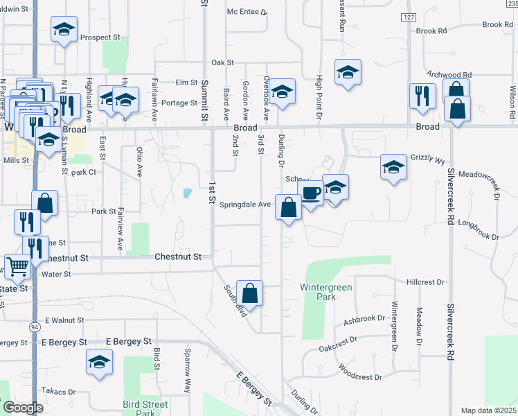 map of restaurants, bars, coffee shops, grocery stores, and more near 482 Springdale Avenue in Wadsworth