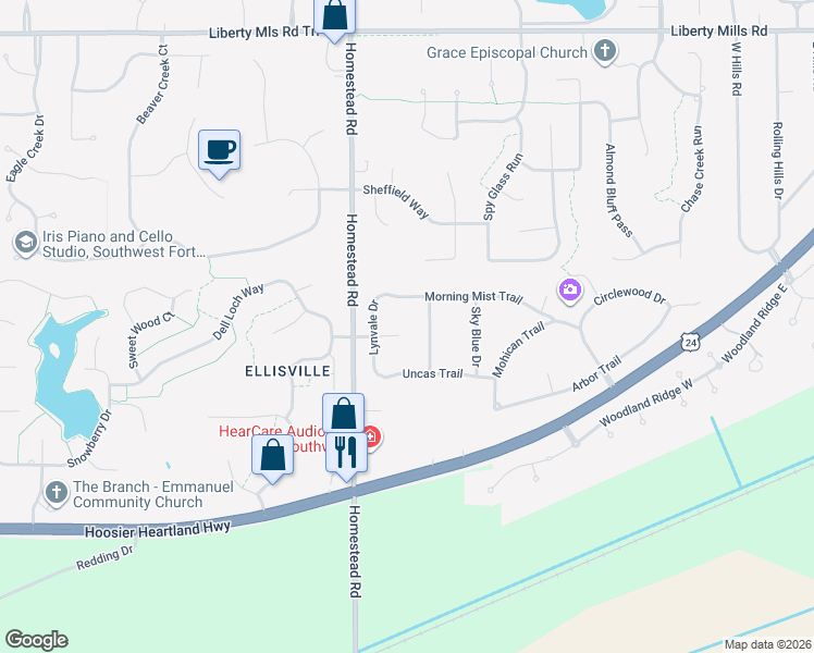 map of restaurants, bars, coffee shops, grocery stores, and more near 10720 Braeburn Court in Fort Wayne